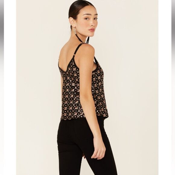 Shyanne Black Golden Bronze Sequin Diamond Pattern Sparkle Tank Top NEW - Picture 2 of 16